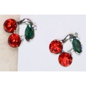 Cherries Earrings With  Rhinestone Crystal Green  Red Cherry Jewelry